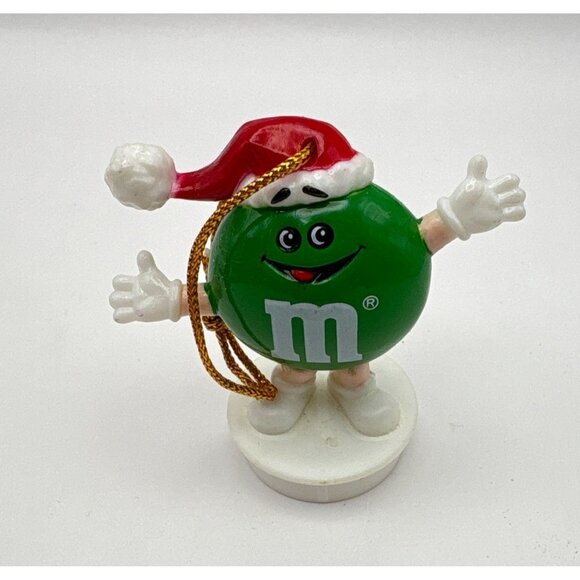 Vintage Green M&Ms Character Christmas Tree Ornament Waving with Santa Hat Mars - Picture 8 of 8